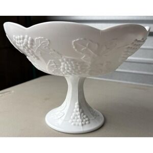 Vintage Indiana Glass Milk Glass Pedestal Compote Grape and Leaf Pattern